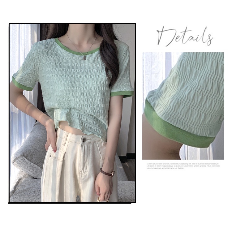 Áo Thun Chiffon Ngắn Tay Cổ Tròn Phối Bèo Màu Sắc Tương Phản Phong Cách Hàn Quốc Cho Nữ