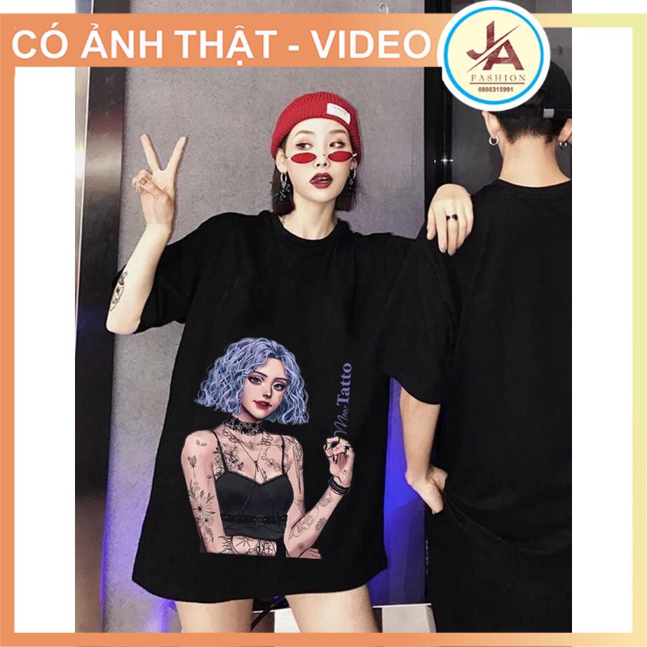 Áo thun nam nữ tay lỡ cô gái tatto in nổi 5D chất cotton co dãn, áo phông unisex form rộng cổ tròn phong cách hàn quốc