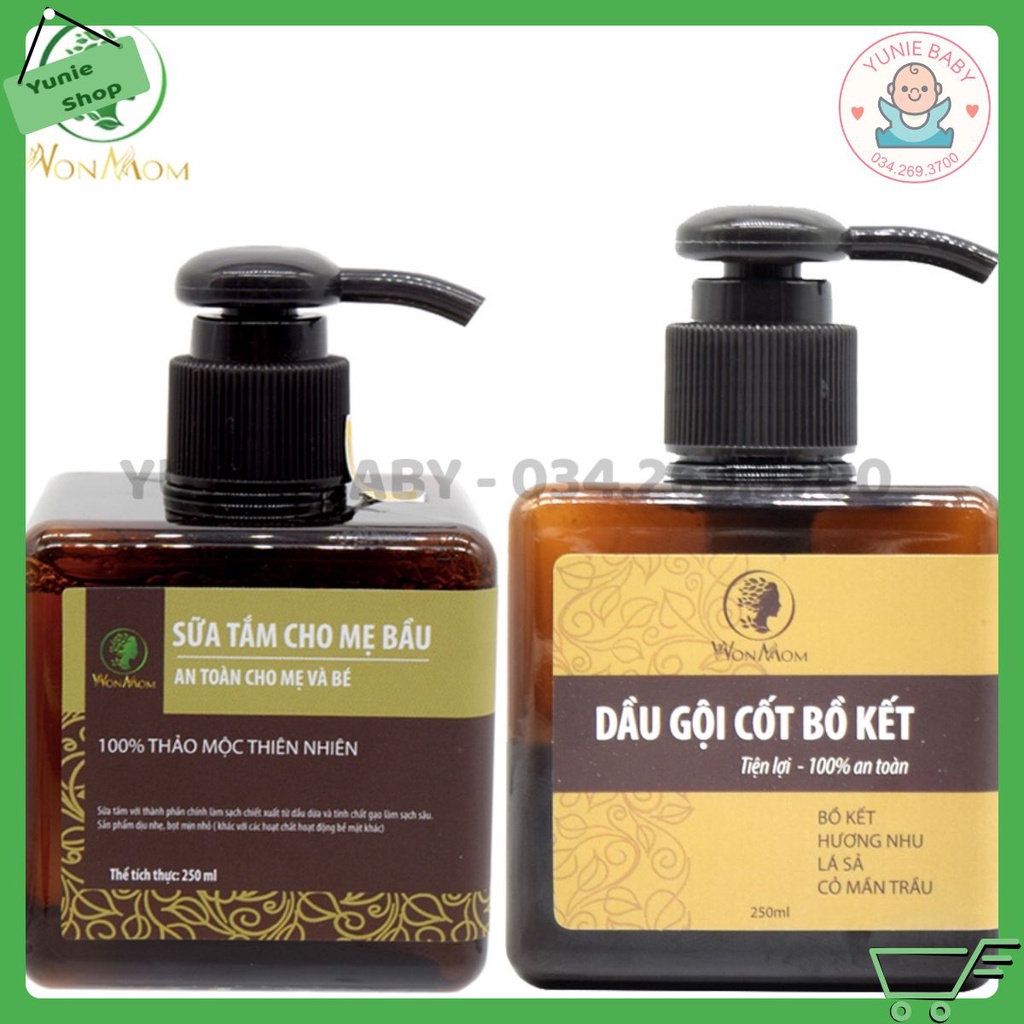 Bộ dưỡng thơm tho body và làm sạch cơ thể Wonmom [1 dầu gội cốt bồ kết + 1 sữa tắm thảo dược]