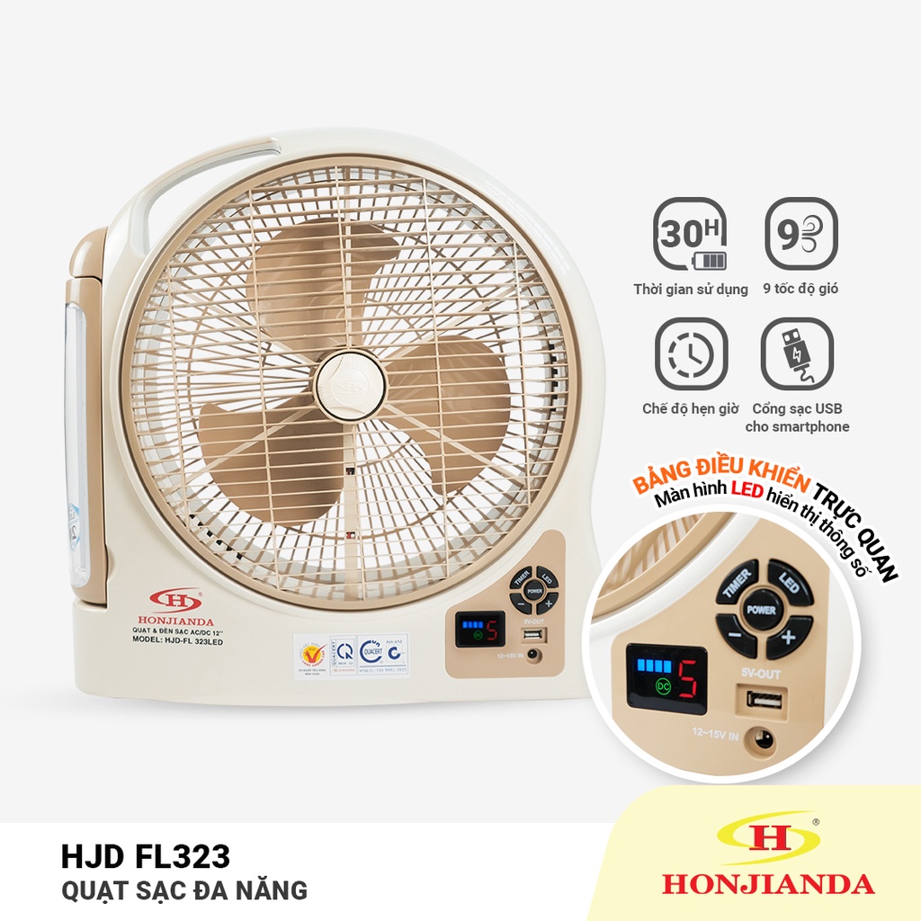 Quạt sạc tích điện dạng hộp AC&amp;DC 12 inch Honjianda FL323/FL313 1-2 bình - có đèn LED &amp; USB