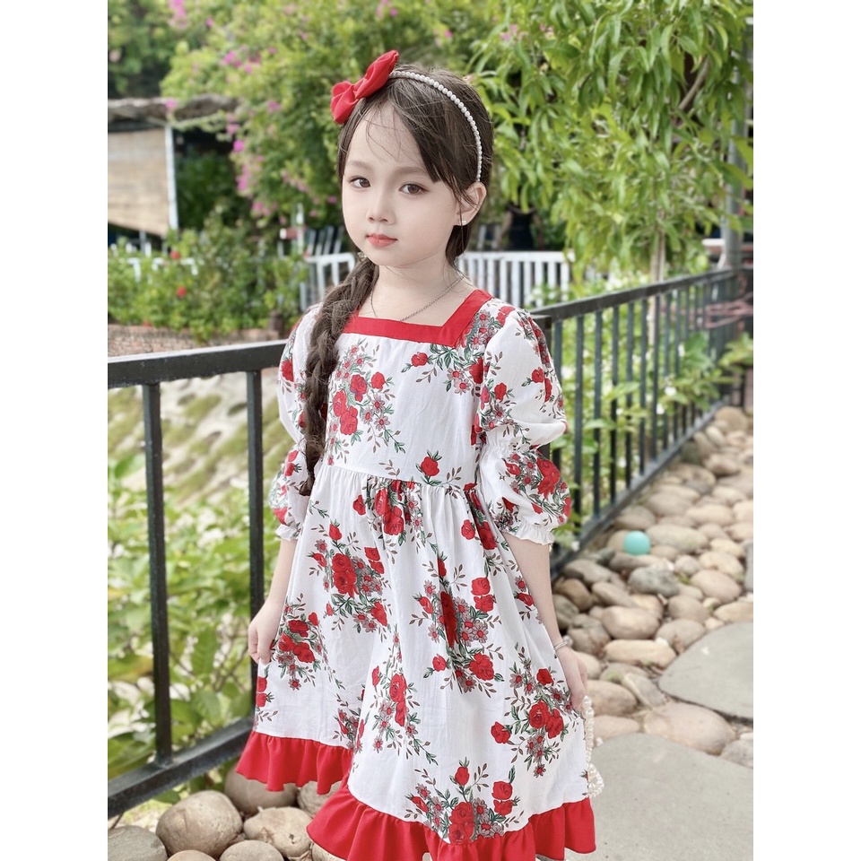 Váy cho bé gái - BABYSTORE88  Đầm hoa đỏ dài tay trẻ em công chúa hàng thiết kế 1 2 3 4 5 6 7 8 tuổi V12