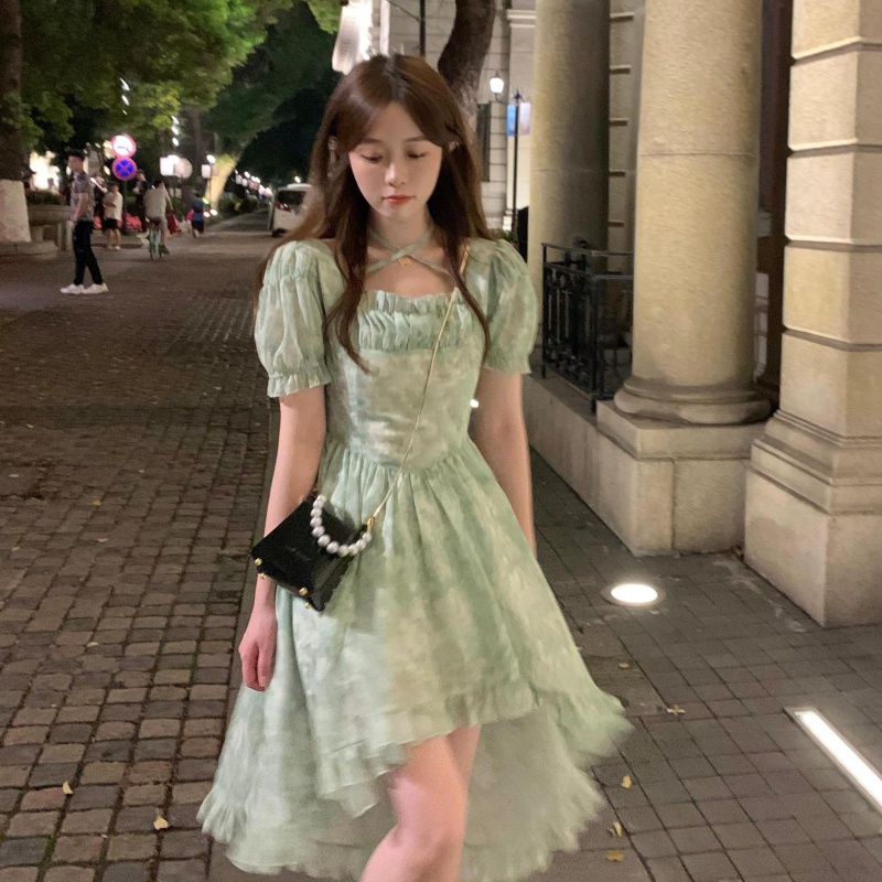 Đầm tiểu thư Đầm Tay Phồng Cổ Vuông Họa Tiết Hoa Thiết Kế Bất Đối Xứng Thời Trang