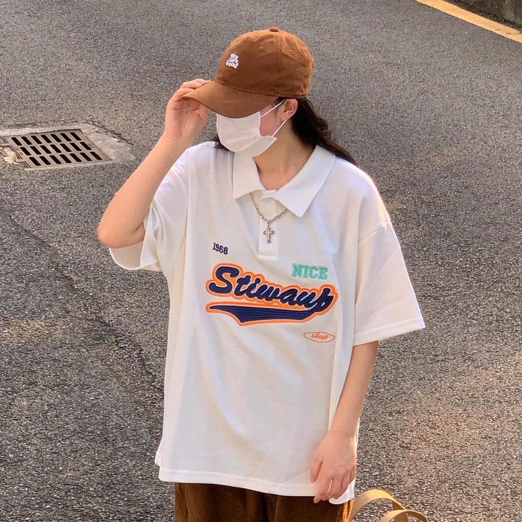 AMOI Áo polo Ngắn Tay In Họa Tiết Chữ Phong Cách Retro Thời Trang Cho Nữ