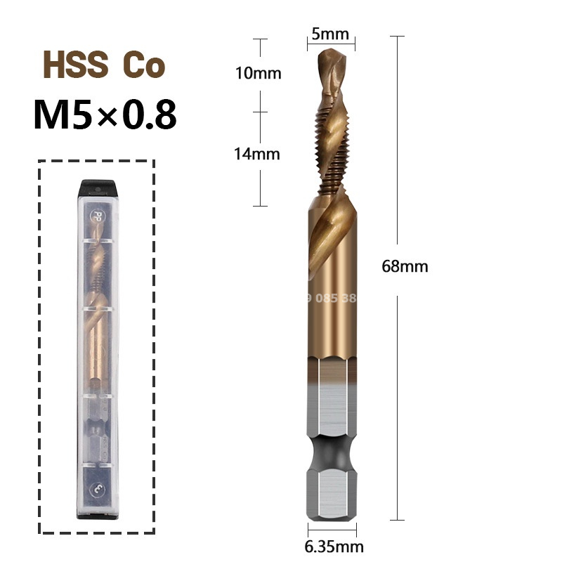 Mũi khoan taro ren phủ Coban từ M3 đến M10 HSS-M35. Mũi tạo ren chuôi lục giác chuẩn 6.35mm