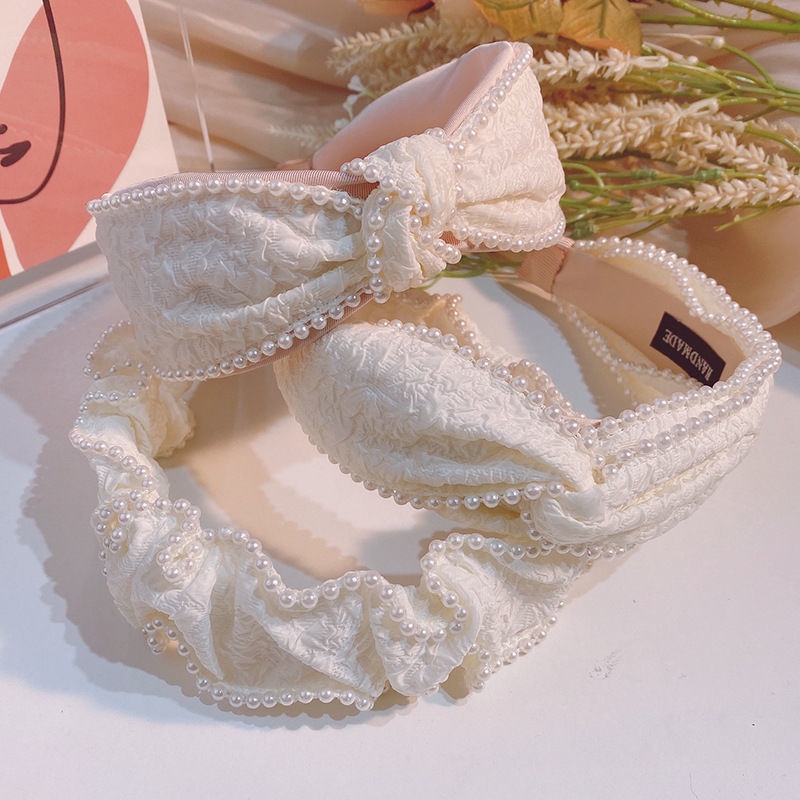 Băng Đô Vải Đính Ngọc Trai Phong Cách Retro Pháp Ngọt Ngào