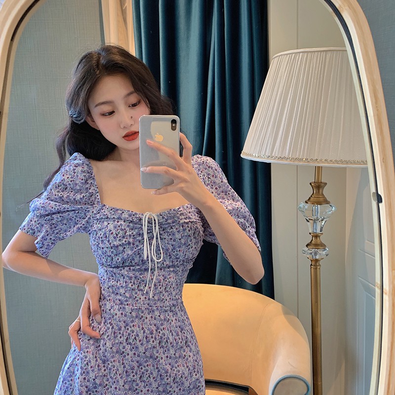 (ORDER) Váy hoa nhí màu tím cổ vuông nhún ngực điệu đà xòe ngắn gợi cảm tiểu thư (MỚI 2020)_