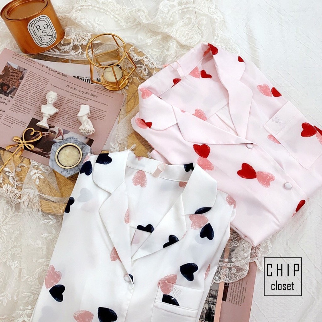 Bộ Đồ Ngủ Mặc Nhà  Bộ Pijama Lụa Cao Cấp Hình Trái Tim 4 Màu HOTTREND Hè CC009