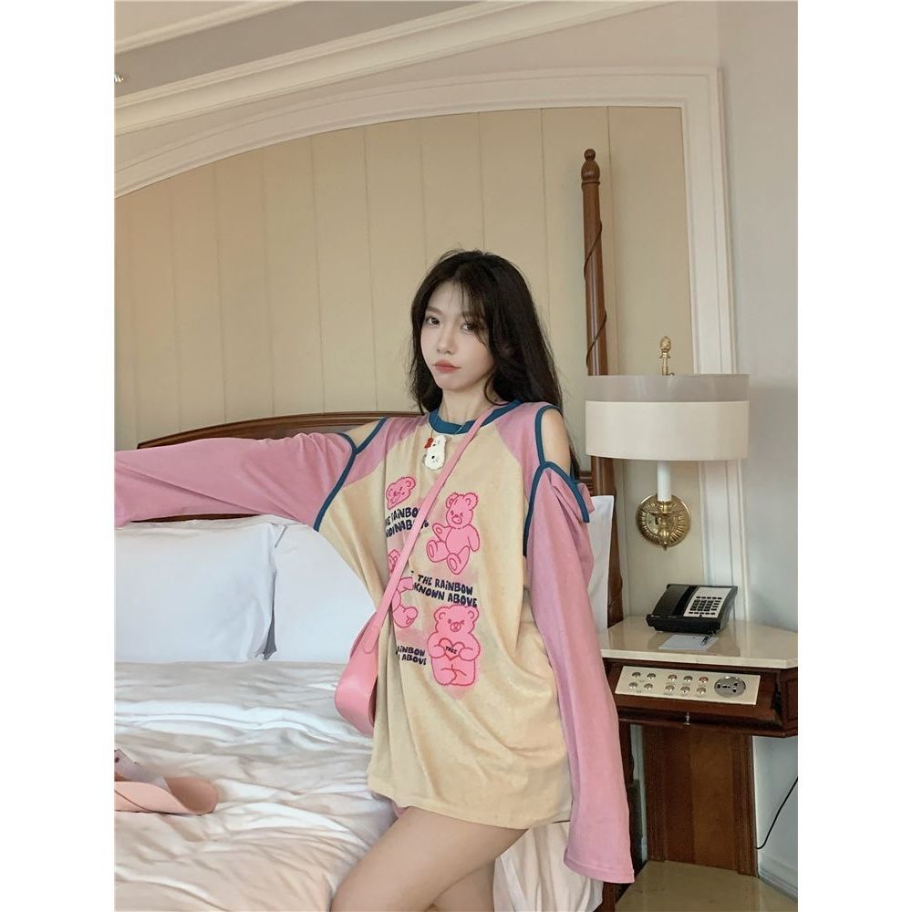 Jiashucheng Áo Thun Dáng Dài Vừa Phải Màu Tương Phản Hở Vai Phong Cách Mới Mùa Hè Cho Nữ @