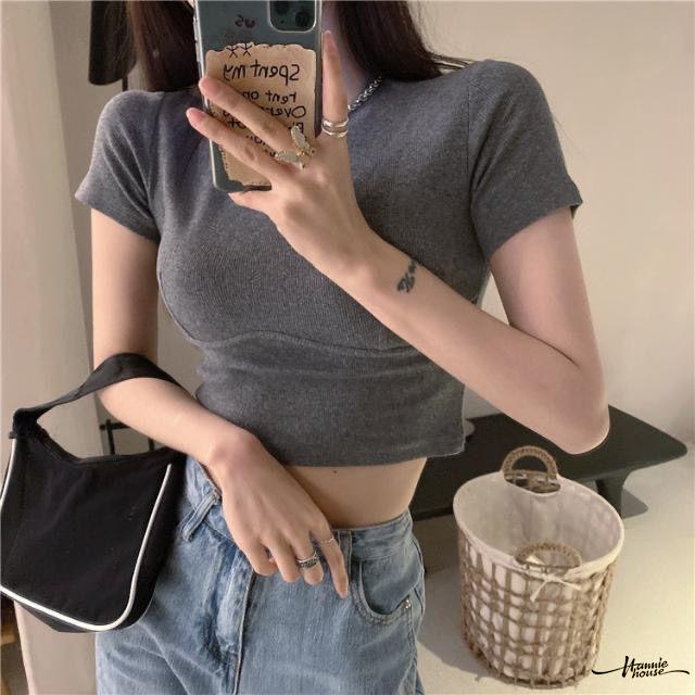 Áo Thun Croptop Tay Ngắn Dáng Ôm Thiết Kế Đơn Giản Cho Nữ