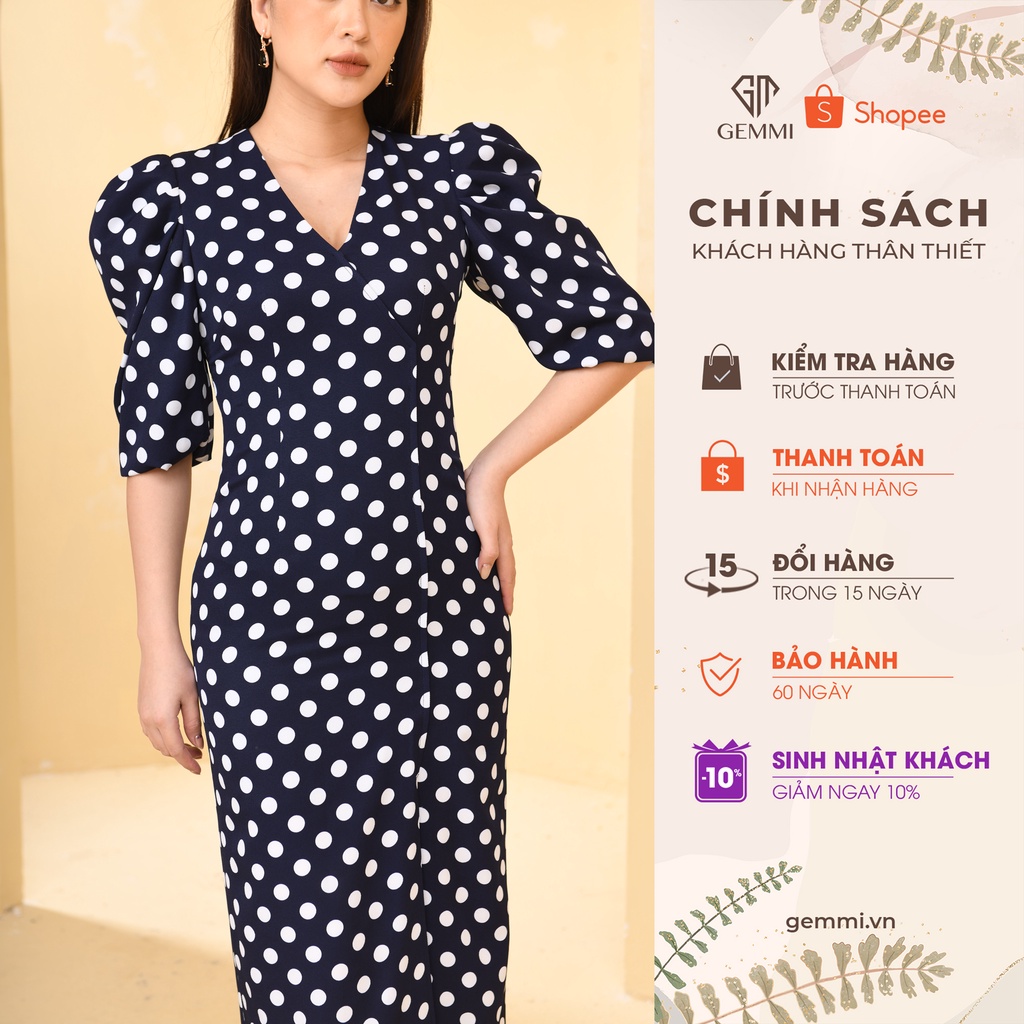 Váy nữ ôm dáng thiết kế cổ V tay bồng chấm bi Gemmi fashion, DK8450