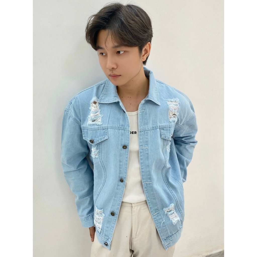 Áo khoác jean nam Hàn quốc form rộng cao cấp M Fashion phối rách xước cá tính KN02