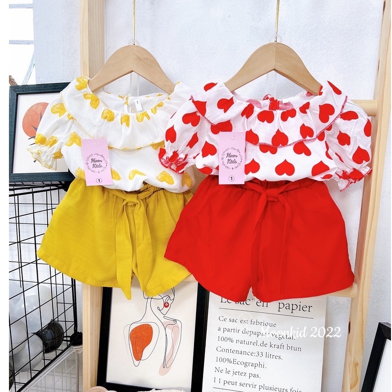 Bộ đồ tim đũi lạnh cổ tròn kết hợp quần nơ cho bé gái 8-20kg