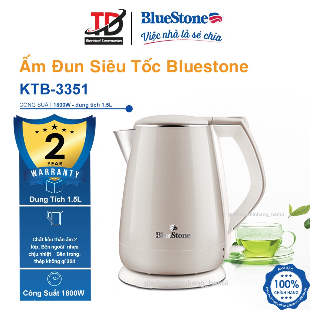 [Mã ELHAMS5 giảm 6% đơn 300K] Ấm Đun Siêu Tốc BlueStone KTB-3351 , 1.5 lít - 1800W , Bảo Hành Chính Hãng 2 Năm