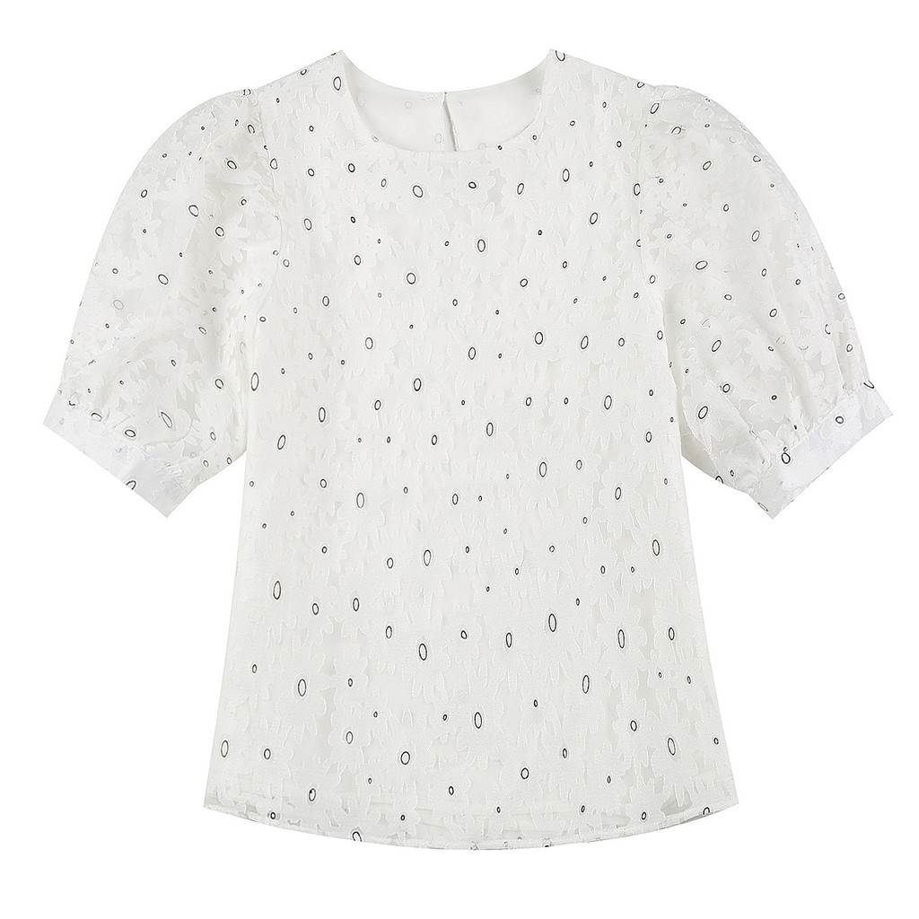 Korean Floral Print Cute Casual Blouse Women Summer Lantern Short Sleeve Top White | BigBuy360 - bigbuy360.vn