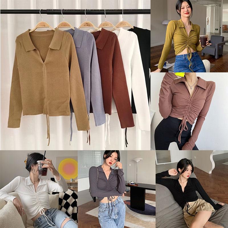 Áo croptop dệt kim tay dài cổ chữ V dây rút thời trang cho nữ