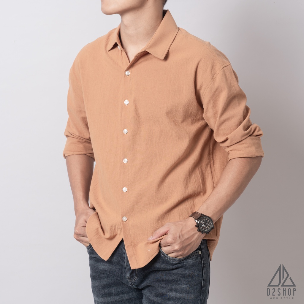 Áo sơ mi D2shop, áo sơ mi nam dài tay vải linen trơn, màu be