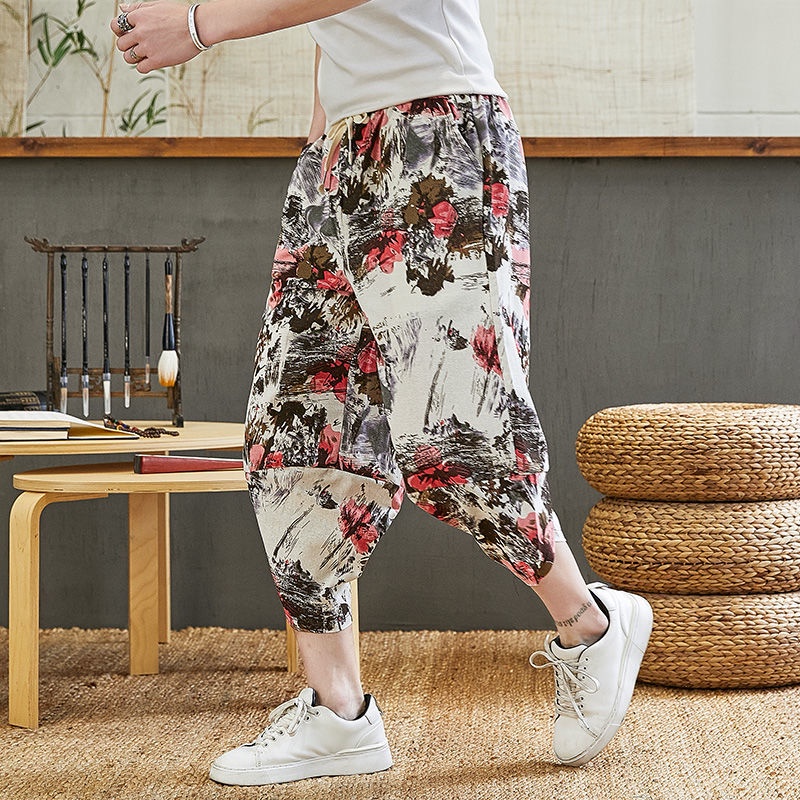 Quần Dài Vải Lanh Cotton Dáng Rộng Cỡ Lớn Họa Tiết Thổ Cẩm Cá Tính Cho Nam