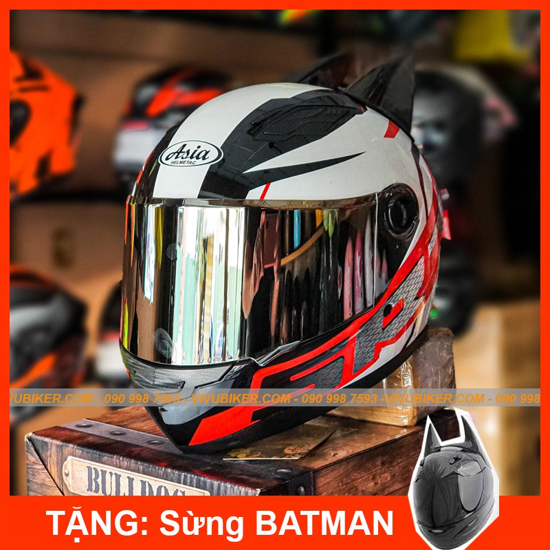 Nón mũ bảo hiểm Fullface Asia m136 tem rùa tặng kèm sừng Batman chính hãng - Nón fullface AGU đen bóng kèm sừng