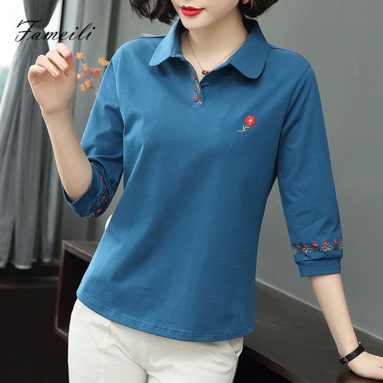 ✕♞❆Áo phông nữ trung niên bằng vải cotton tinh khiết có cổ 2021 váy mới của mẹ mùa hè lỏng lẻo phụ ba phần tư tay ་