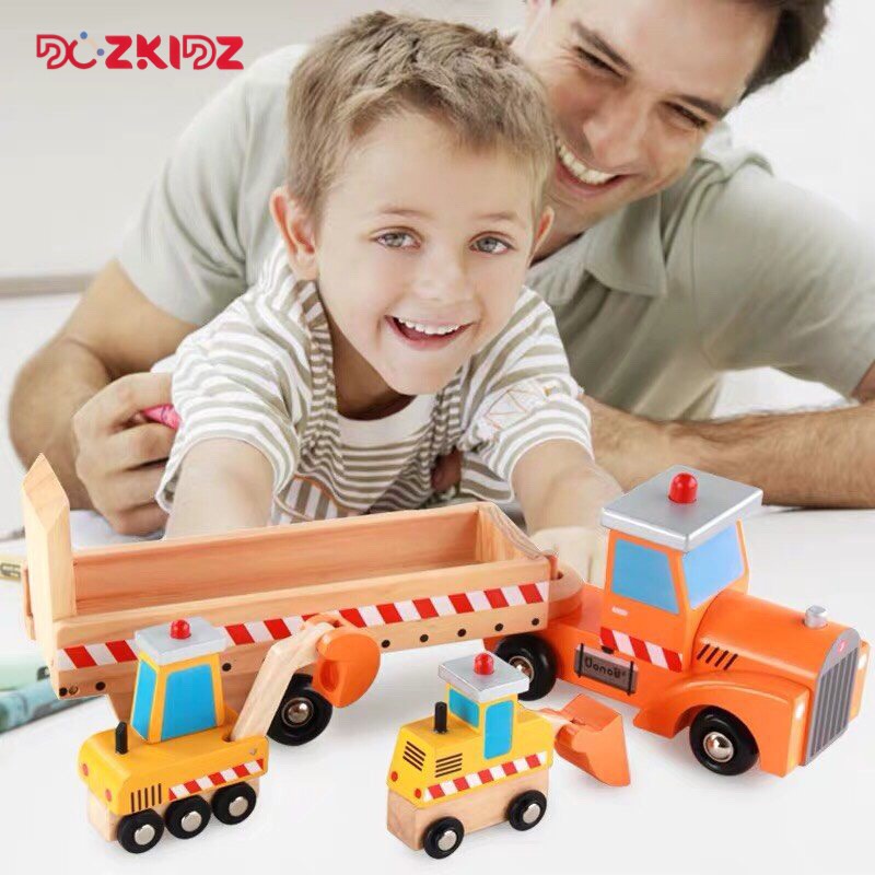 Đồ chơi ô tô công trường bé trai 1 tuổi trở lên, 1 bộ 3 xe gỗ tự nhiên cao cấp - DOZKIDZ