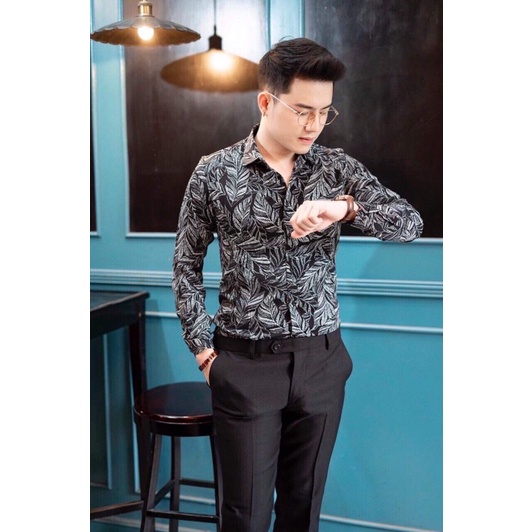 Áo sơ mi dài tay họa tiết chống nhăn thời trang nam , Áo sơ mi vải lụa phong cách hàn quốc btshop 45 đến 75 kg