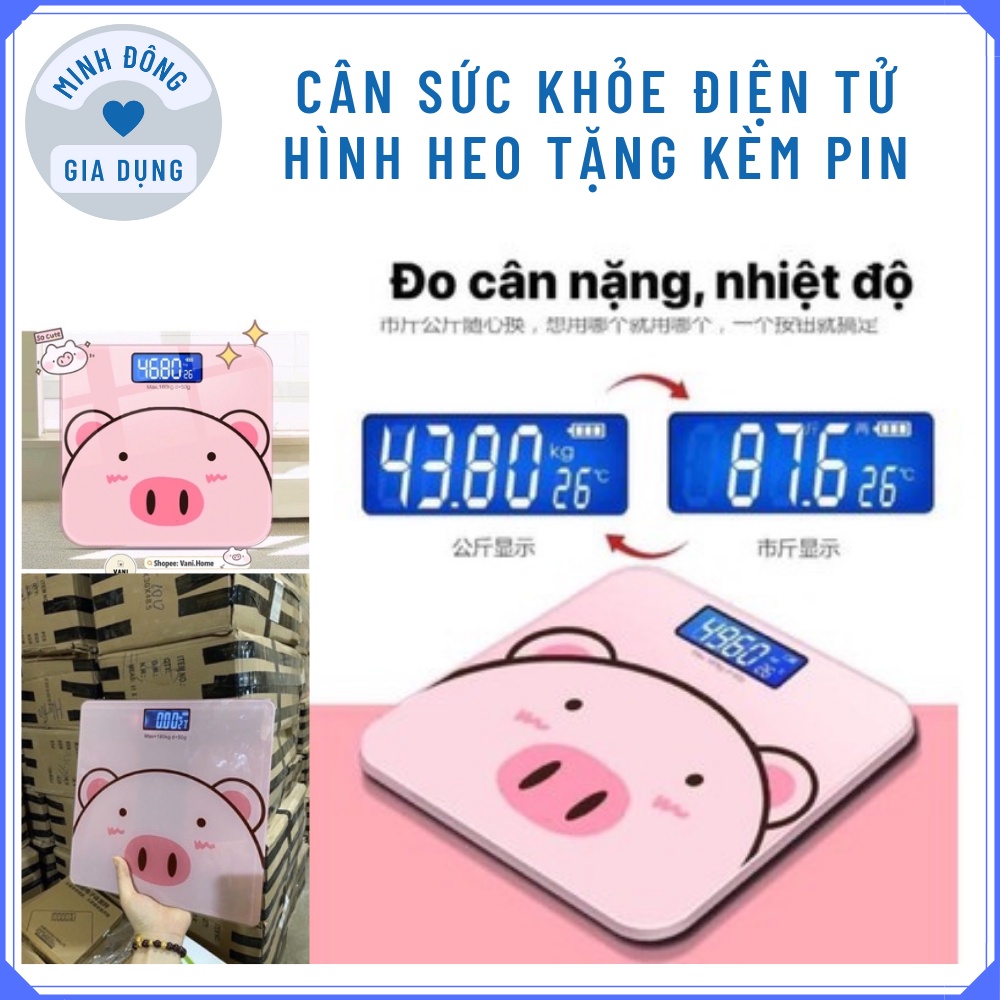 Cân điện tử sức khỏe chính hãng / Cân tiêu ly điện tử , hình heo có màn hình led kính cường lực theo dõi sức khoẻ