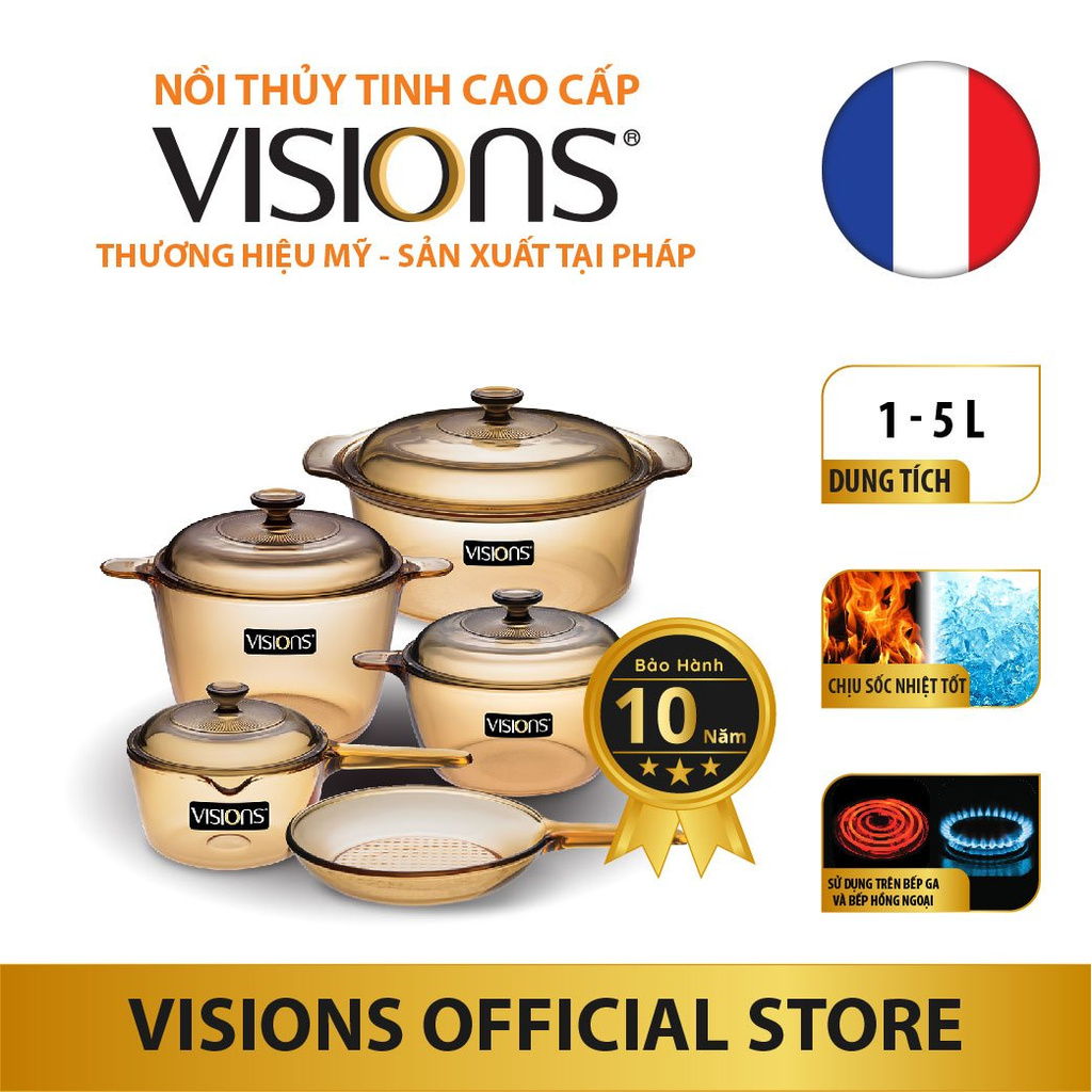 Bộ nồi thủy tinh Visions VS-339 - Bảo Hành 10 năm - Xuất xứ từ Pháp - Hàng chính hãng