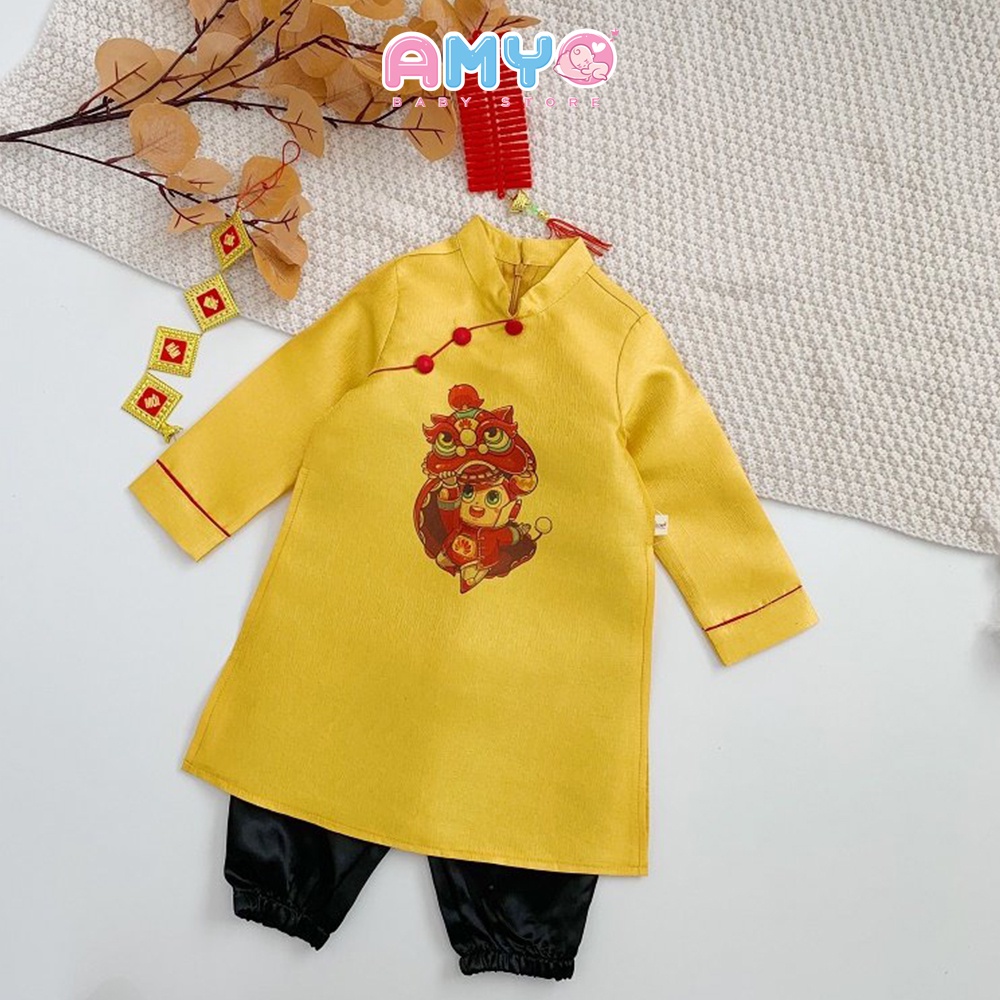 Áo dài bé trai set đồ Tết cho bé trai kèm quần lanh đen AMYO 11.BAD03.02-2