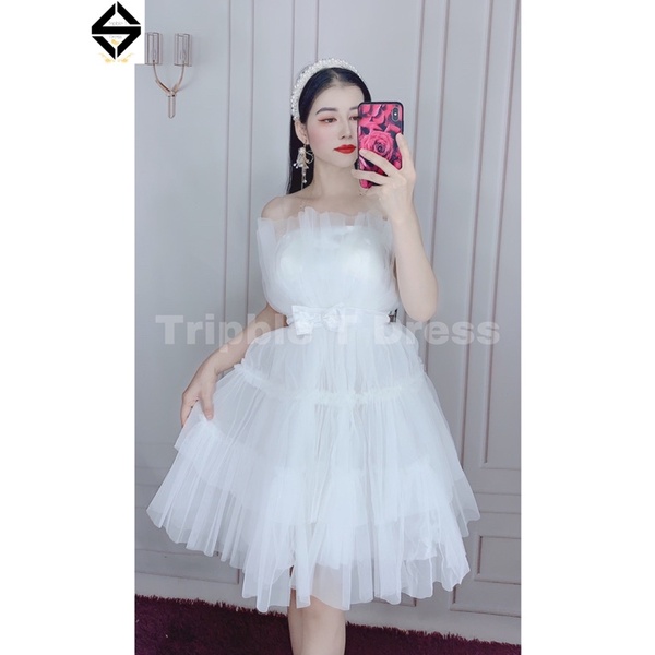 Đầm xoè cúp ngực chất lưới xếp tầng nơ eo TRIPBLE T DRESS - SIZE M/L - MS228V