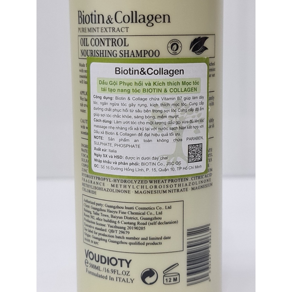 Combo Dầu Gội Và Dầu Xả Cho Tóc Dầu Biotin Collagen Phục Hồi Kích Thích Mọc Tóc 500ml x2 Màu Xanh Lá
