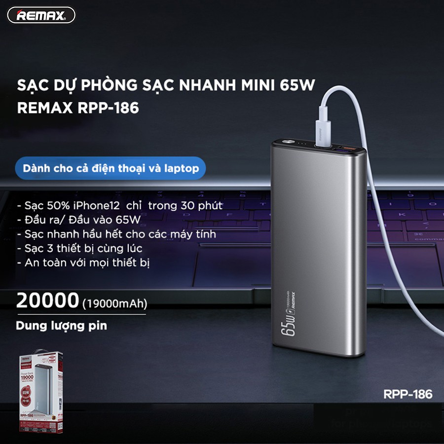 Sạc dự phòng Remax 65W 19000mah RPP186 - Bảo hành 6 tháng