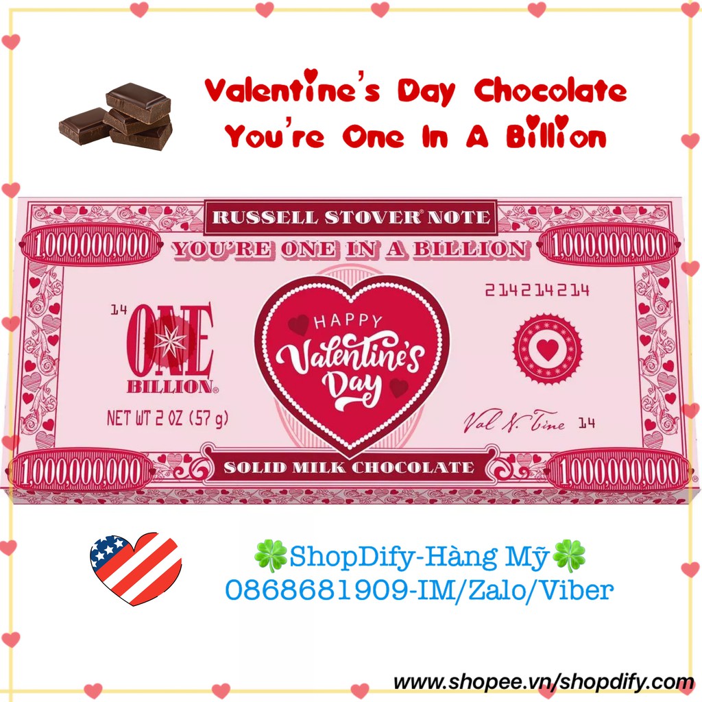 Socola Mỹ Happy Valentine's You Are One In A Billion Bar Russell Stover Note Chocolate 57g