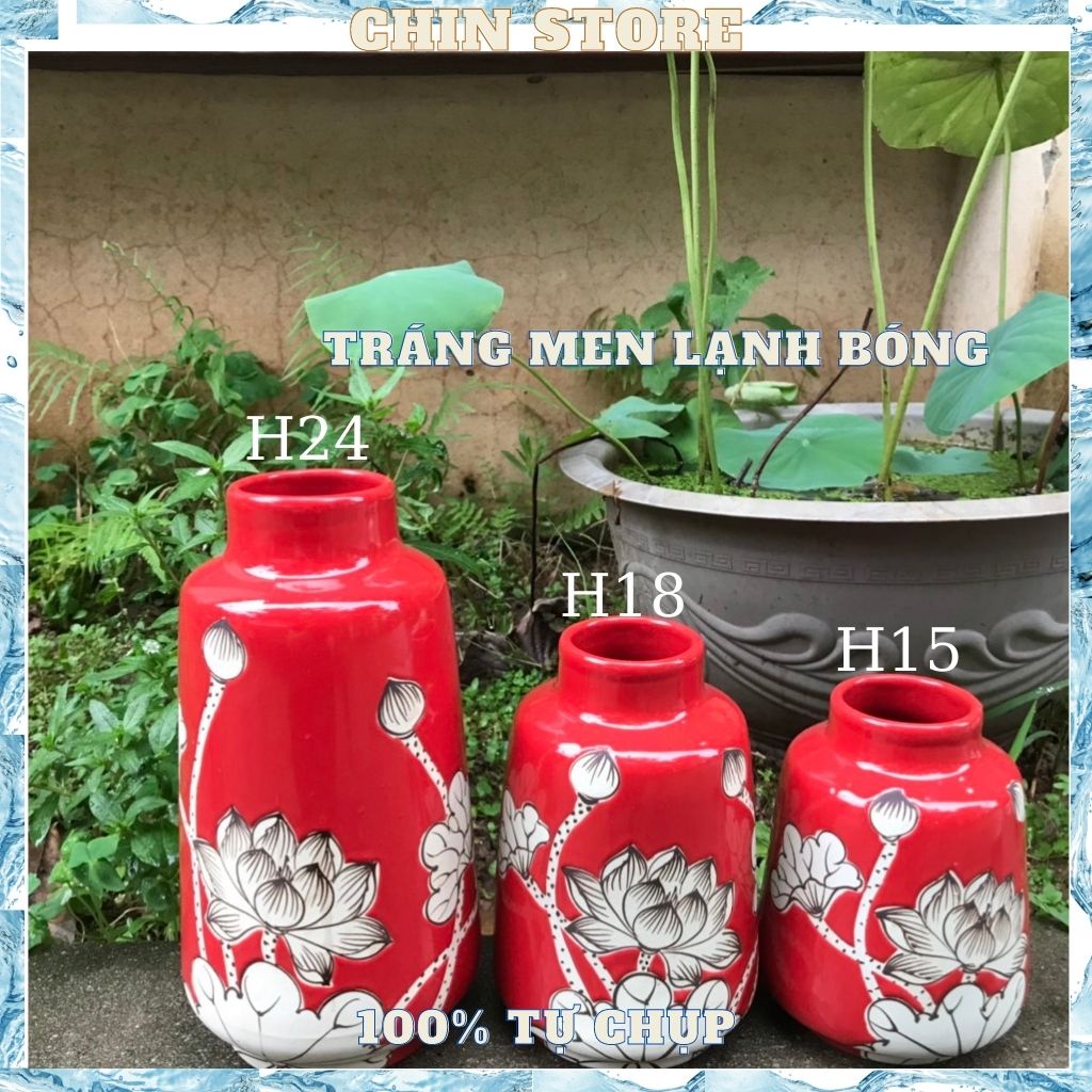 Bình hoa decor, lọ hoa gốm sứ BÁT TRÀNG set bộ 3 vai vuông men cao cấp họa tiết vẽ tay nhiều mẫu H24,H18,H15