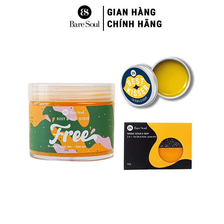 Combo Muối tắm gội BareSoul Free Body-Hair Scrub 300g + Xà phòng Herbal Scrub-Soap 100g + Son dưỡng Lip Balm &amp; Mask 10g