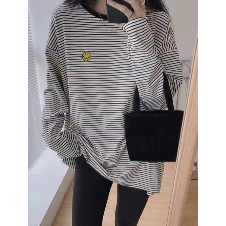 Áo Thun Dài Tay Dáng Rộng Cỡ Lớn Hoa Văn Kẻ Sọc Thời Trang Dành Cho Nữ