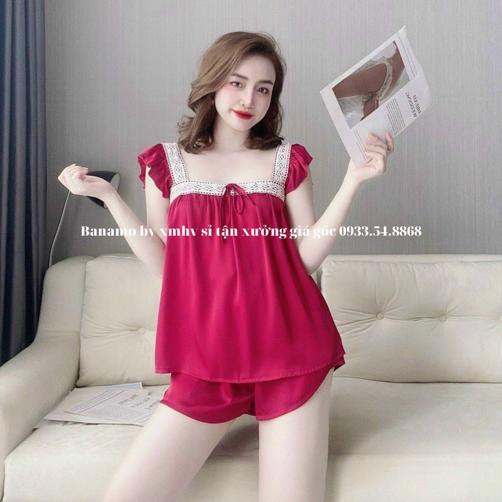 Bộ lụa satin phối ren cao cấp siêu đẹp thời trang Banamo fashion bộ lụa satin 174