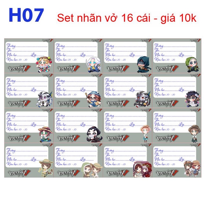 nhãn vở Anime ldentity V 20-140  cái khác nhau/ nhãn vở ldentity v
