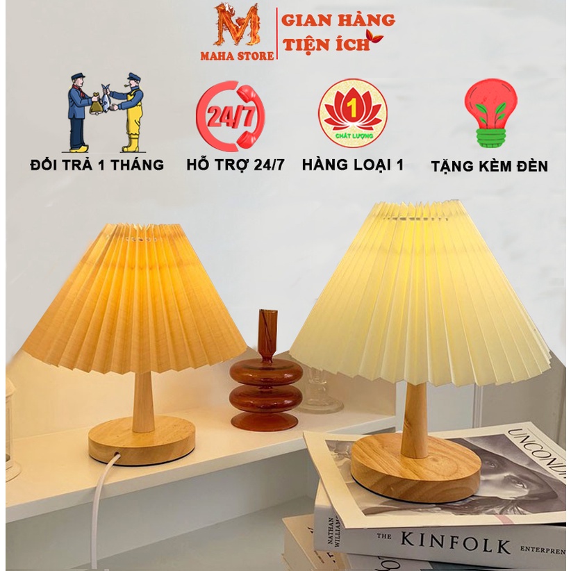 Đèn Ngủ Để Bàn -Thân Gỗ Cute vintage Phong Cách Hàn Quốc - Đèn Ngủ Xếp Ly Kèm Công Tắc bật sáng tinh tế