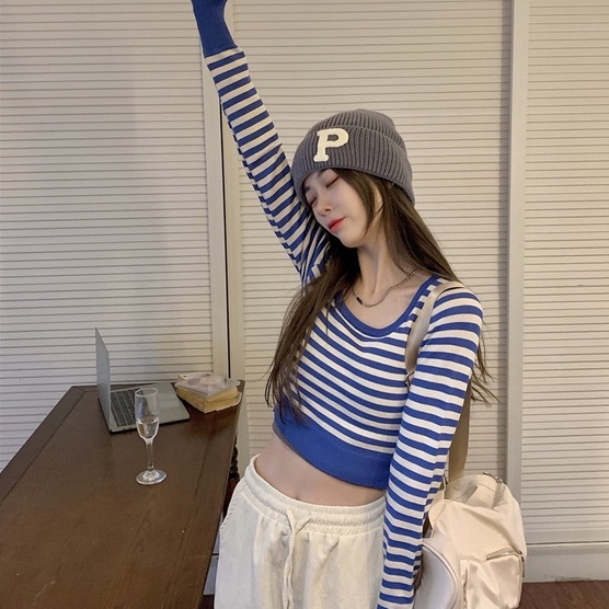 Áo len ZHELIHANGFEI tay dài họa tiết sọc ngang thời trang cho nữ