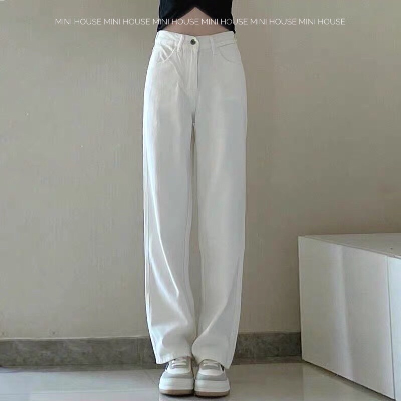 Quần jean suông ống rộng cạp cao nữ màu trắng | WebRaoVat - webraovat.net.vn