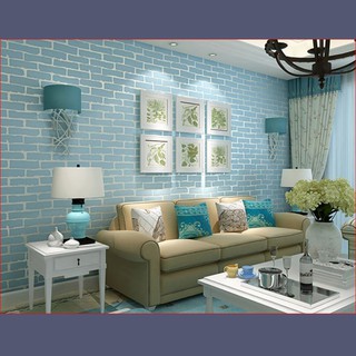 1 cuộn dài 5m ngang 53cm giấy dán tường giả gạch màu xanh, có họa tiết nổi 3D