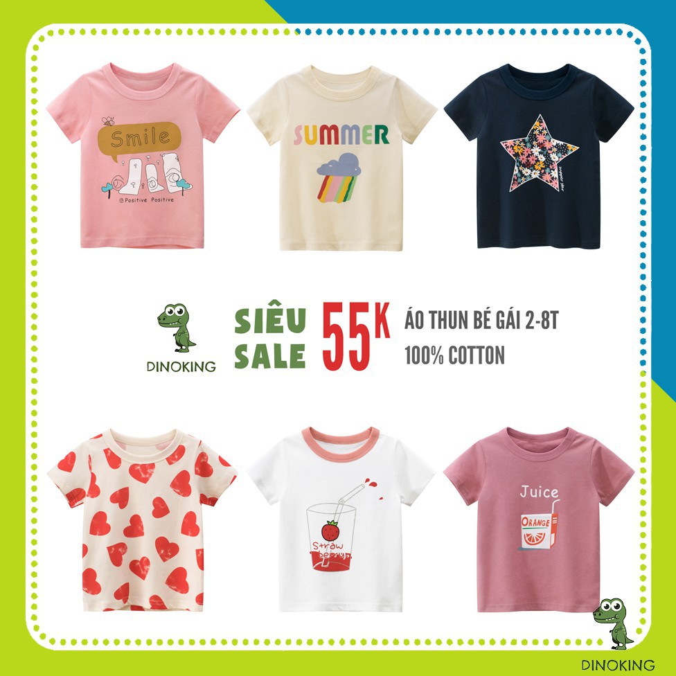 Áo phông bé gái DINOKING Áo thun trẻ em nữ cộc tay chất cotton đẹp cho bé 2 - 8 tuổi họa tiết dễ thương AT06 đẹp ⭐