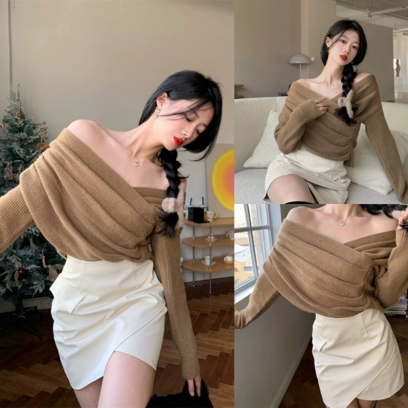 (SẴN) Áo len cổ V không đối xứng