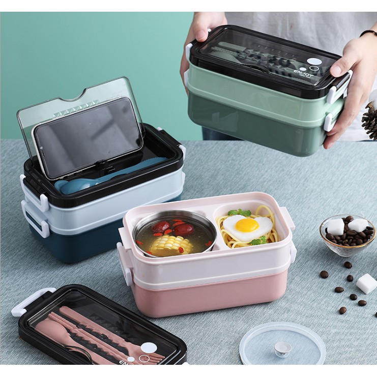 Hộp Đựng Cơm Giữ Nhiệt Văn Phòng, Cặp Lồng Đựng Đồ Ăn 2 Tầng Lõi Inox 304 - Bán kèm túi