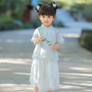  Hán phục nữ nhi Đường trang Trung Quốc phong cách mỏng cổ trang tiên váy cô gái nhỏ bộ ve áo bé trai ngắn tay áo 