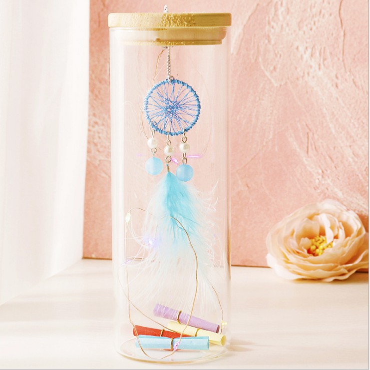 Phụ kiện trang trí, Bình thủy tinh Chuông gió Dreamcatcher - vòng theo đuổi giấc mơ có đèn phát sáng, lọ ước nguyện