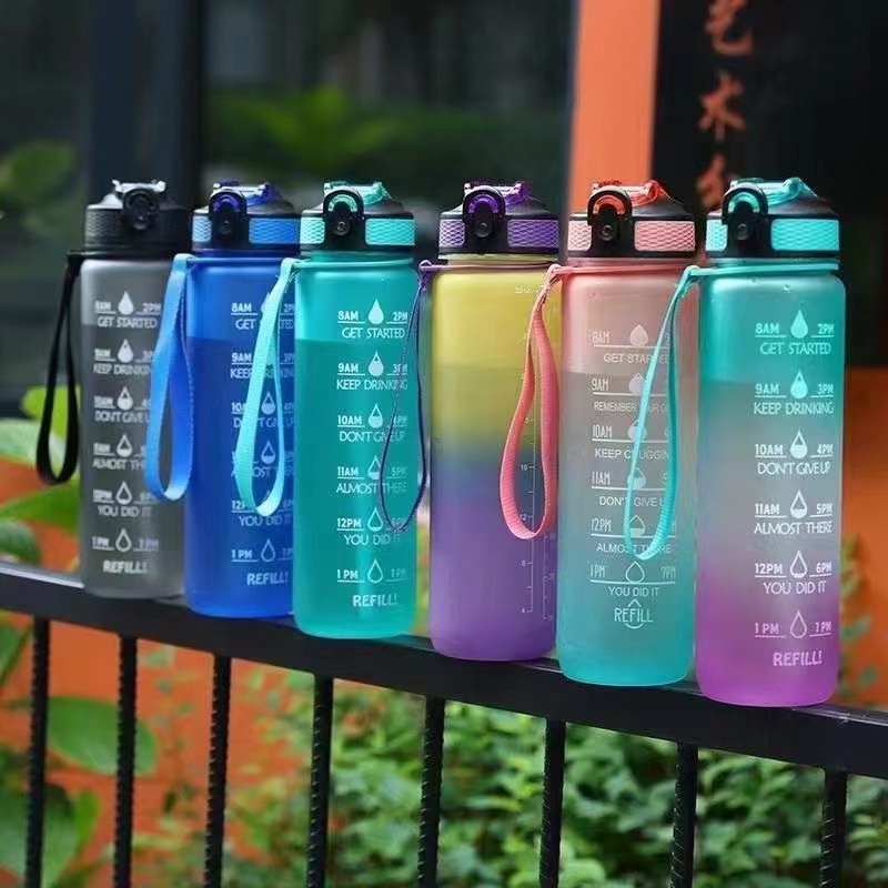 Bình Đựng Nước 1L Bằng Nhựa Màu Gradient Dung Tích Lớn Chống Rò Rỉ Có Ống Hút