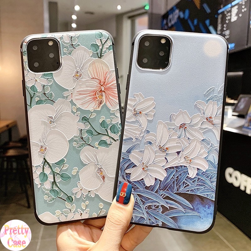 Case iPhone 12 Mini 11 Pro X XR XS Max 7 8 Plus 3D Relief Soft TPU Case Motif Lily and Kapok