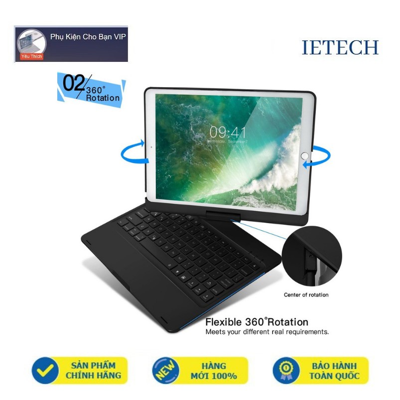 Bàn phím Bluetooth xoay 360 độ cho iPad Air 2, iPad Pro 9.7, New iPad 2017, ipad air - 7 màu đèn cho bàn phím- màu đen