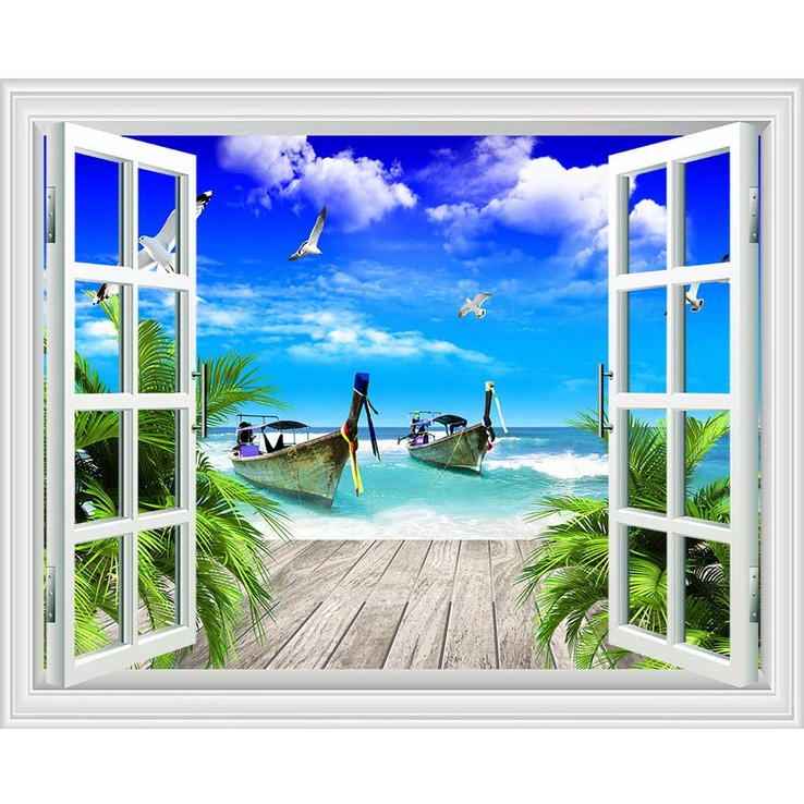 Tranh dán tường vải lụa phủ kim tuyến in hình cửa sổ 3D Kích thước 150 x 90